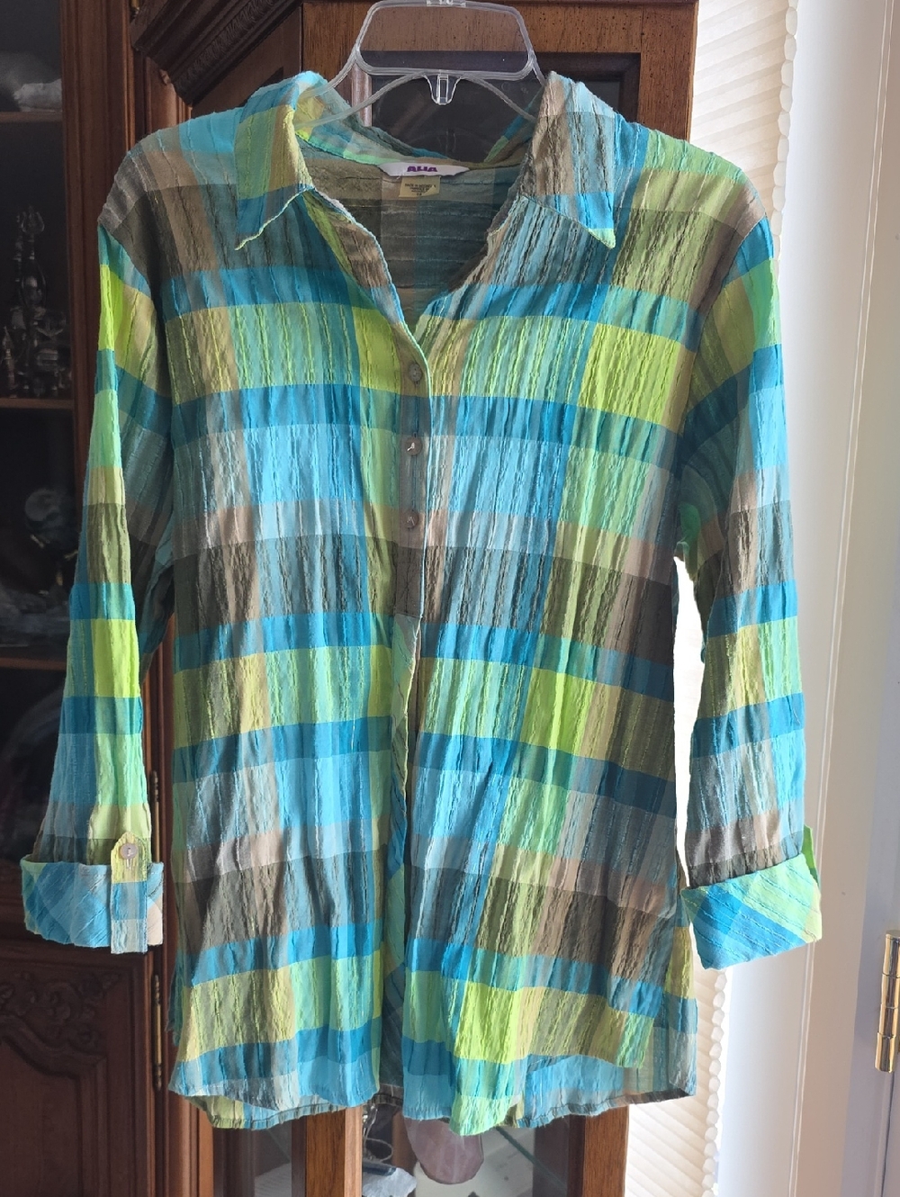 Alia Blue & Lime Plaid Button-Up Women’s Top